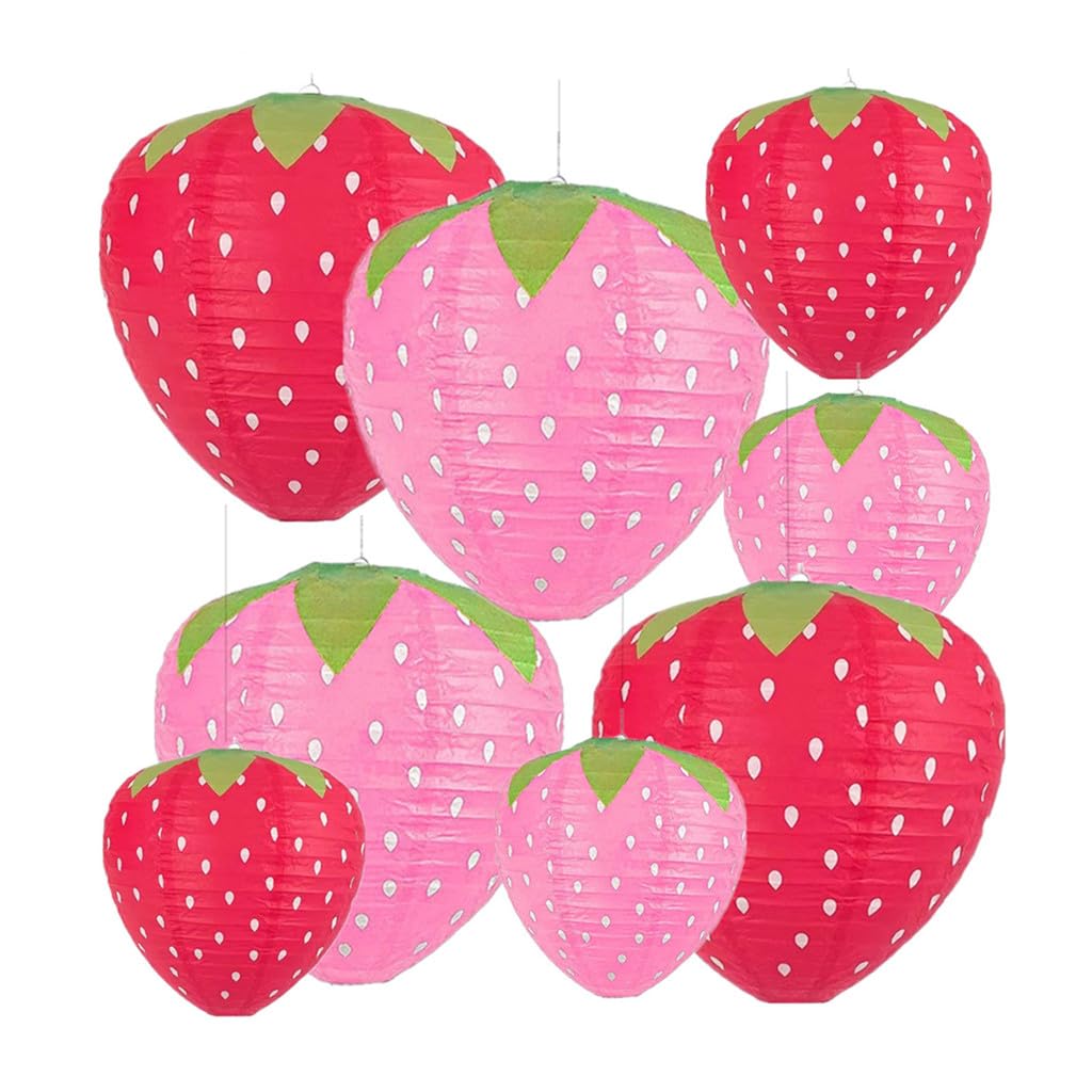 Folding Strawberry Paper Lantern Reusable Hanging Ornament Lamp Cover for Fruit Theme Birthday Party Decoration Supplies (8 and 12 inches;8pcs)