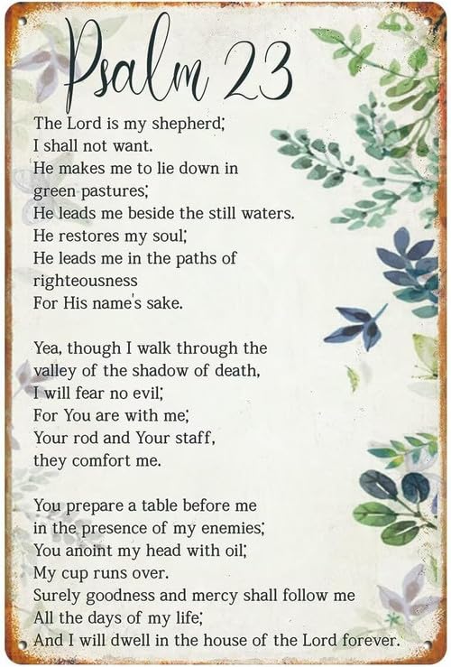 Horienteeon Bible Verse Psalm 23 Christian Metal Sign Gifts Inspirational Wall Decor Bible Verse Wall Art for Home Office Bathroom Bedroom 20x30cm Aluminum Family Quote Tin Signs