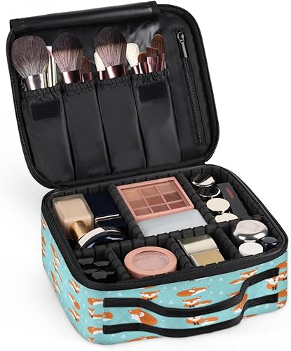 Miniatura 7 de KOBLEN Bolsa de maquillaje de viaje para mujer, grande, cuadrada, portátil, profesional, coqueta, tren, estuche cosmético con asa, diseño de zorro