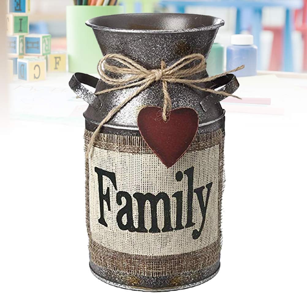 Rustic Decorative Vase with Greetings and Rope Design Metal Milk Can Country Jug for Living Room, Bedroom, Kitchen (Family)