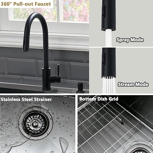 Miniatura 4 de Fregadero de cocina negro de 33 pulgadas con grifo - Fregadero de cocina negro de 33 x 22 pulgadas, fregadero de cocina y grifo de 10 pulgadas de