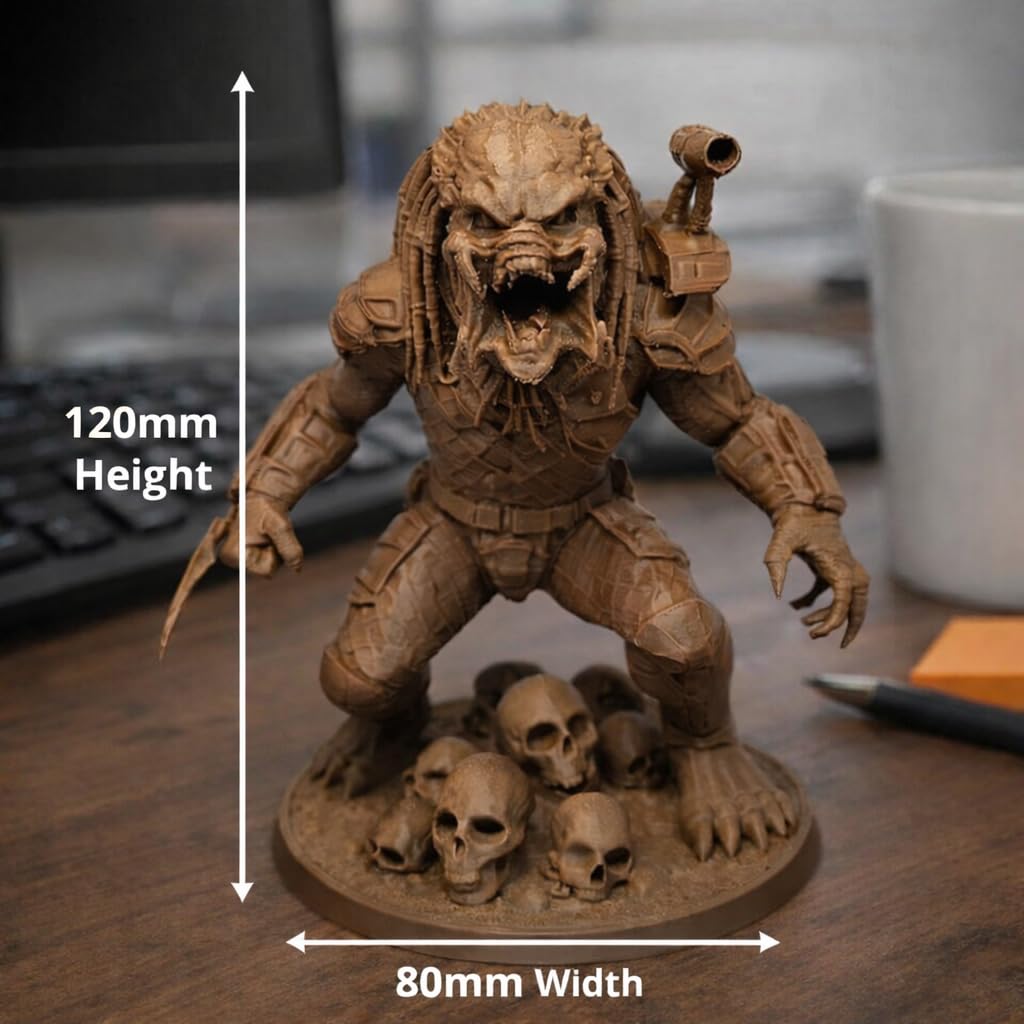 3D Printed Predator Fearless Warrior Collectible Figurine, Premium PLA Material, 120mm Height, Detailed Battle Armor Design on Skull Stand Included, Gaming Character Statue 3