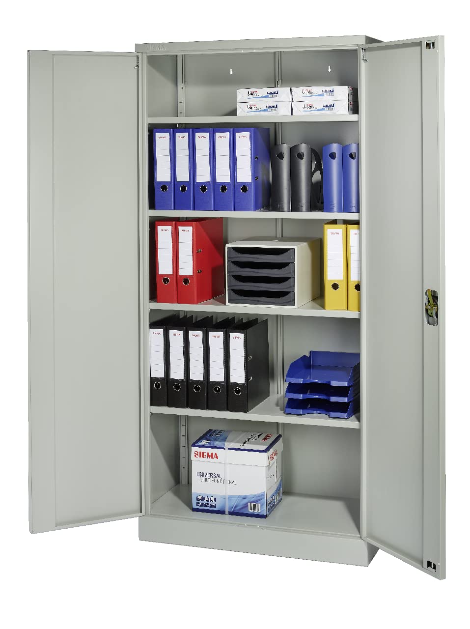 Sigma Armadietto per Documenti in Metallo, 92x42x195 cm, 2 Ante Battenti, 4 Ripiani Regolabili (50 kg Ciascuno), Serratura a Chiave, Maniglia Rotante, Ideale per Ufficio, Garage ed Esterni, Grigio