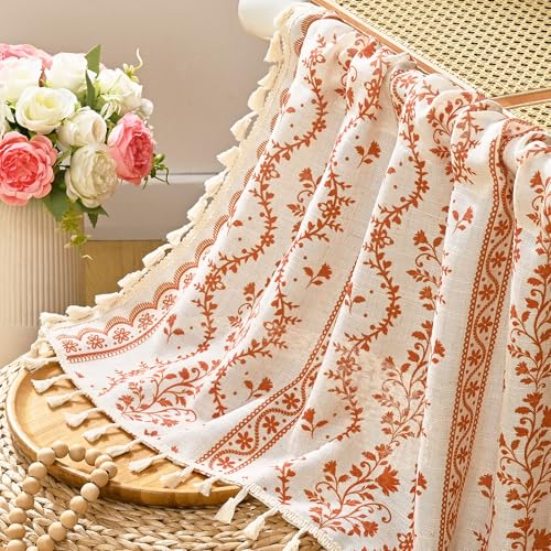 Image of Yinhua Boho Valance Curtains Vintage Linen Kitchen Valances for Windows Light Filtering Bohemian Floral Valance Rod Pocket Tassel Window Valances for Bathroom Cafe, 52 inch W X 18 inch L, White Orange