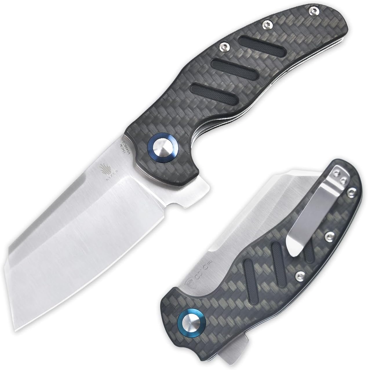 Kizer C01c (XL) Sheepdog Pocket Klappmesser, 154CM Sheepsfoot Klinge Klappmesser mit G10 Carbon Fiber Griff, Manuell Einschalten Camping Messer mit Clip, EDC Nicht Automatisch Jagdmesser, V5488C3