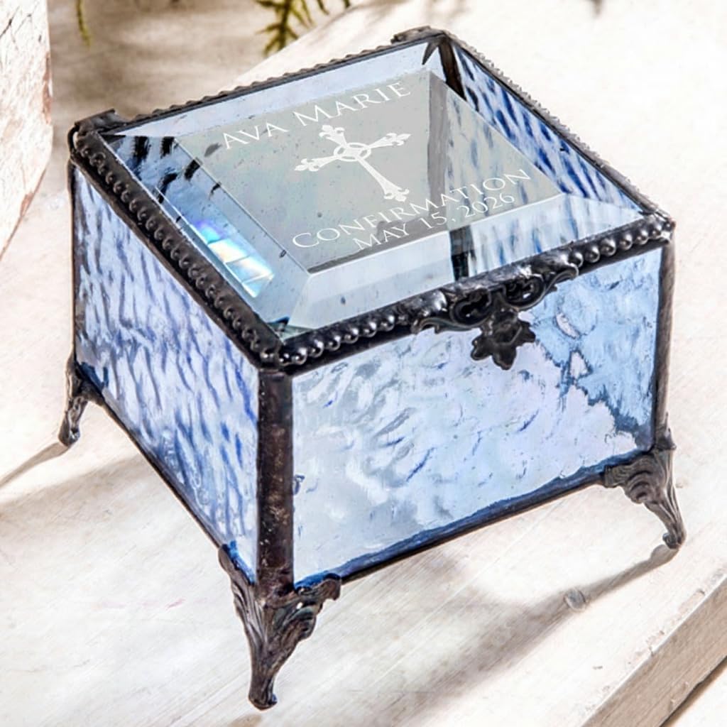 J. Devlin Personalized Confirmation Gift for Girls – Engraved Pink Stained Glass Jewelry Keepsake Box – Custom Name – Box 903 EB221