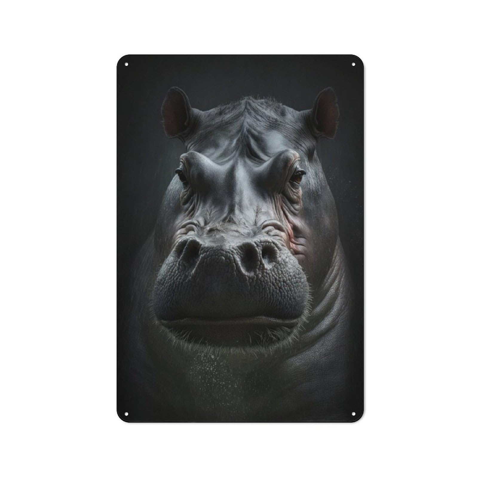 Junmoney Hippo Portrait On Dark Vintage Metal Sign 30X20cm For Pub Or Café, For Collectors Of Vintage Metal Wall Decor