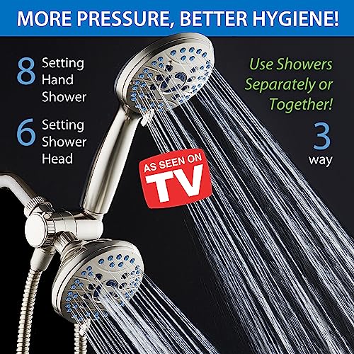 Hotel Spa AquaCare As-Seen-On-TV High Pressure 48-setting Rain & Handheld 3-way Shower Head Combo - Anti-clog Nozzles/Tub, Tile & Pet Power Wash/Extra Long 6 ft. Hose/Satin Nickel Finish