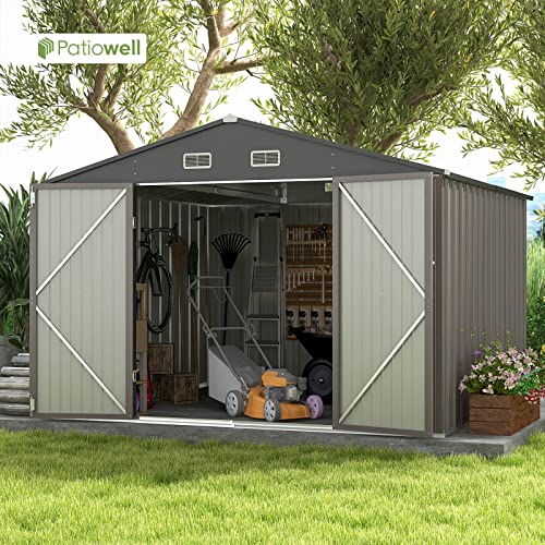 Patiowell 10 X 10 Ft Outdoor Storage Shed,Metal Yard Shed With Design Of Lockable Doors, Utility And Tool Storage For Garden, Patio, Backyard, Outside Use,Brown #TOP1