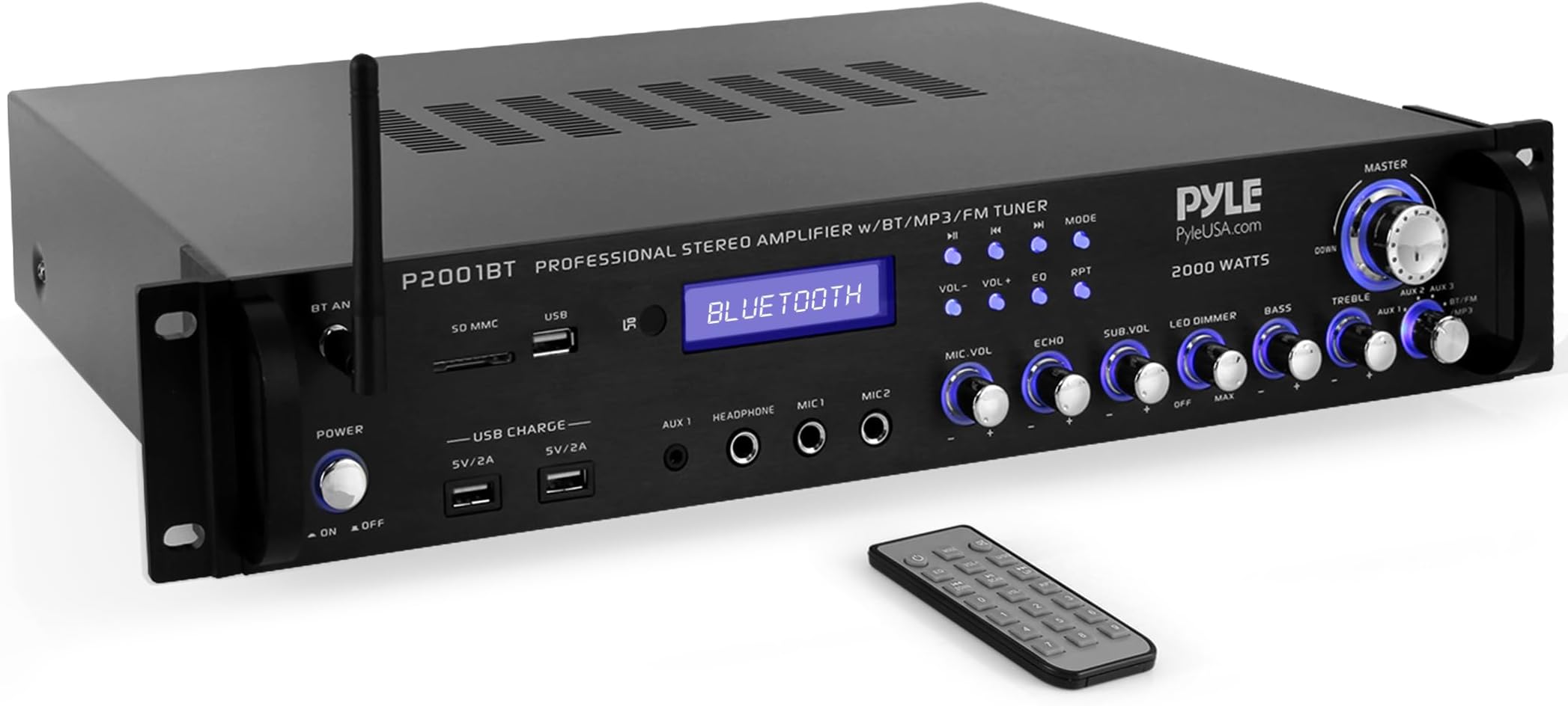 PYLE Multi Channel Bluetooth Preamplifier Receiver - 2000 Watt Audio Home Speaker Sound Stereo Receiver W/Radio, USB, Headphone, Aux, RCA, Dual Microphone W/Echo, Led, Wireless Streaming - P2001BT