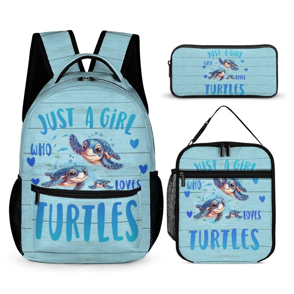 ZCJB-WSRY Sea Turtle Backpack with Lunch Box & Pencil Case, 16 Inch Cute Sea Turtle Themed Bookbag, Adjustable Lightweight Large Capacity, Colorful