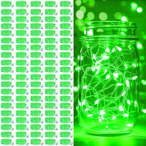 pozzolanas 100 Pack Green Battery Operated String Lights - 7ft Waterproof Firefly Lights with 20 LEDs for Home, Mason Jar, Party, Wedding, Halloween, Christmas Decorations