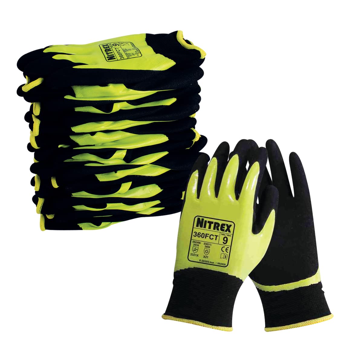 NITREX 360FCT Guanti Protettivi da Lavoro, confezione da 10 - Guanti Termici Gialli A Doppio Rivestimento con Palmo Rivestito in Nitrile Sabbiato in Nero/Giallo Neon, Taglia 9