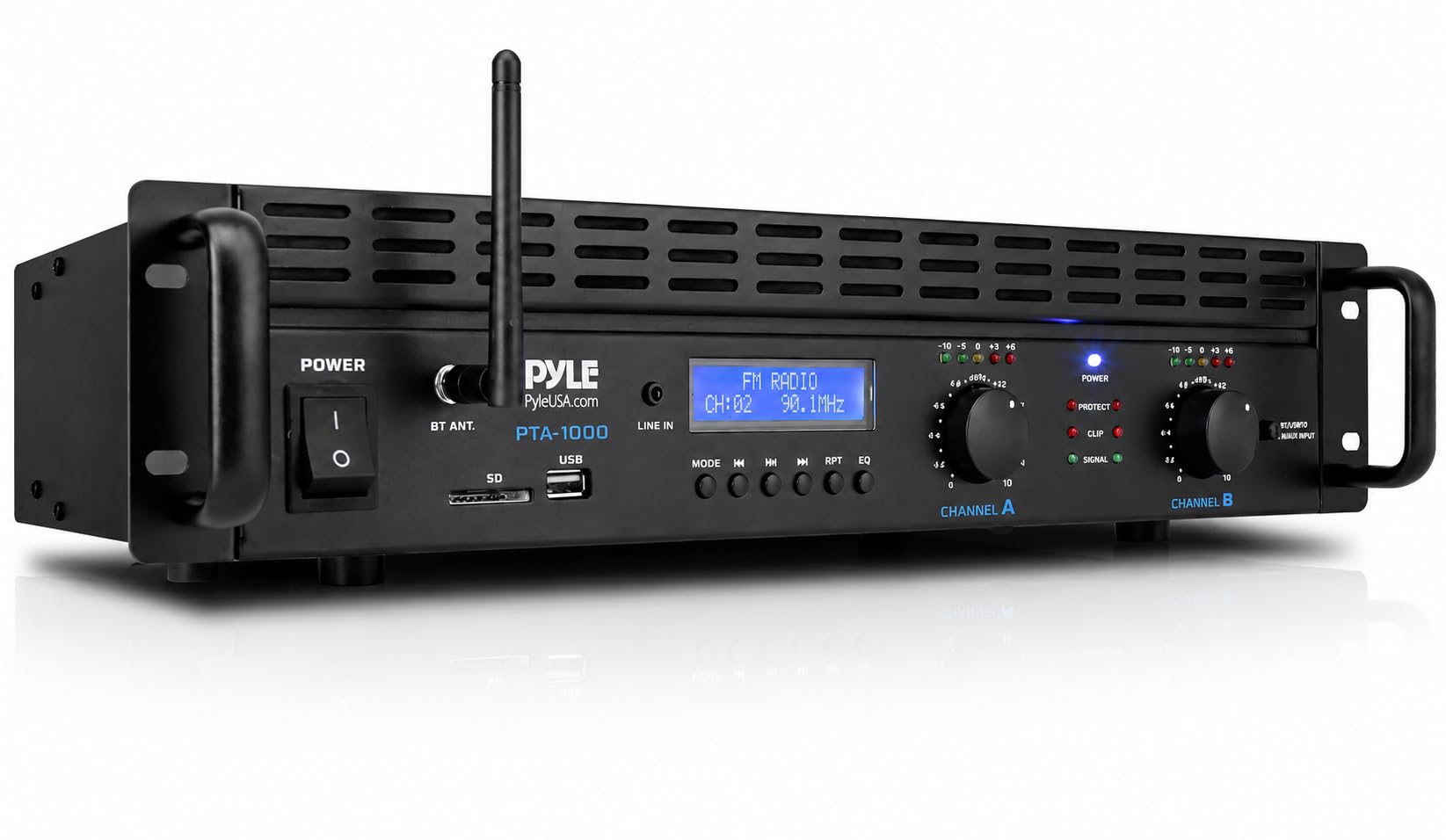 Pyle Verstärker 2 Kanal mit Bluetooth, 2000W, Rackmount Pa Endstufe, XLR, RCA, TRS, USB, Brückenmodus, Lüfter für Hobby-DJs, Veranstalltungen