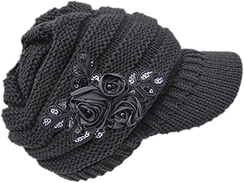 C-US - Gorro de punto cálido de invierno para mujer con borde de ganchillo con acento de flores