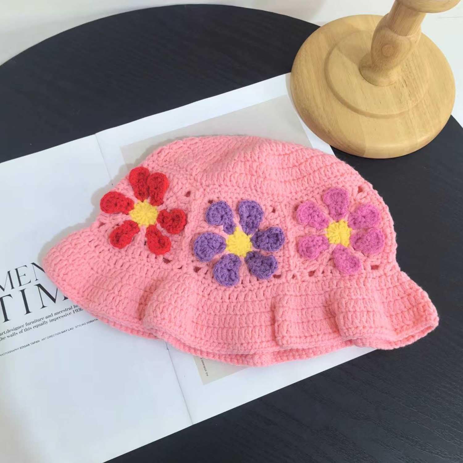Crochet Bucket Hat for Women Flower Knit Hat Hollow Out Foldable Cap Hats image 5