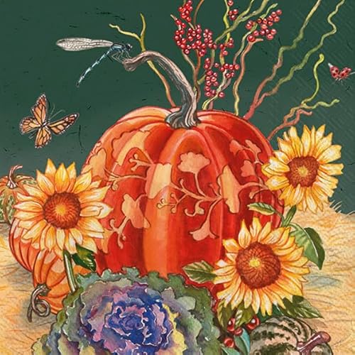 IHR Ideal Home Range Cocktail Napkins Disposable 3-Ply Paper Party Napkin Pack, 5" x 5", Pumpkins and Sunflowers, 20-Count