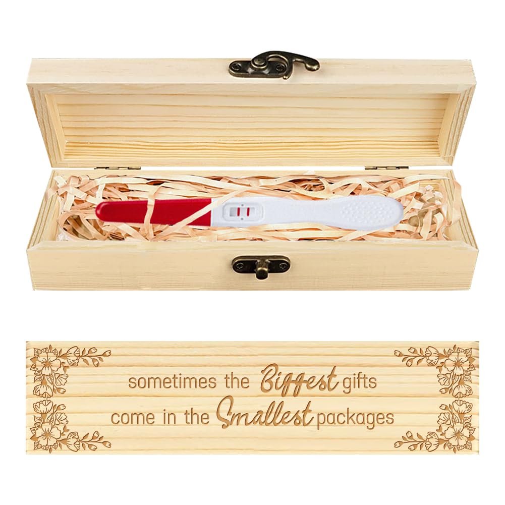 CHGCRAFT Coffret Cadeau en Bois avec Motif de Coin Fleuris pour Test de Grossesse avec Ruban en Raphia et Cadenas pour Annonce de Grossesse pour Papa et Mari 8x2x1.2 pouce