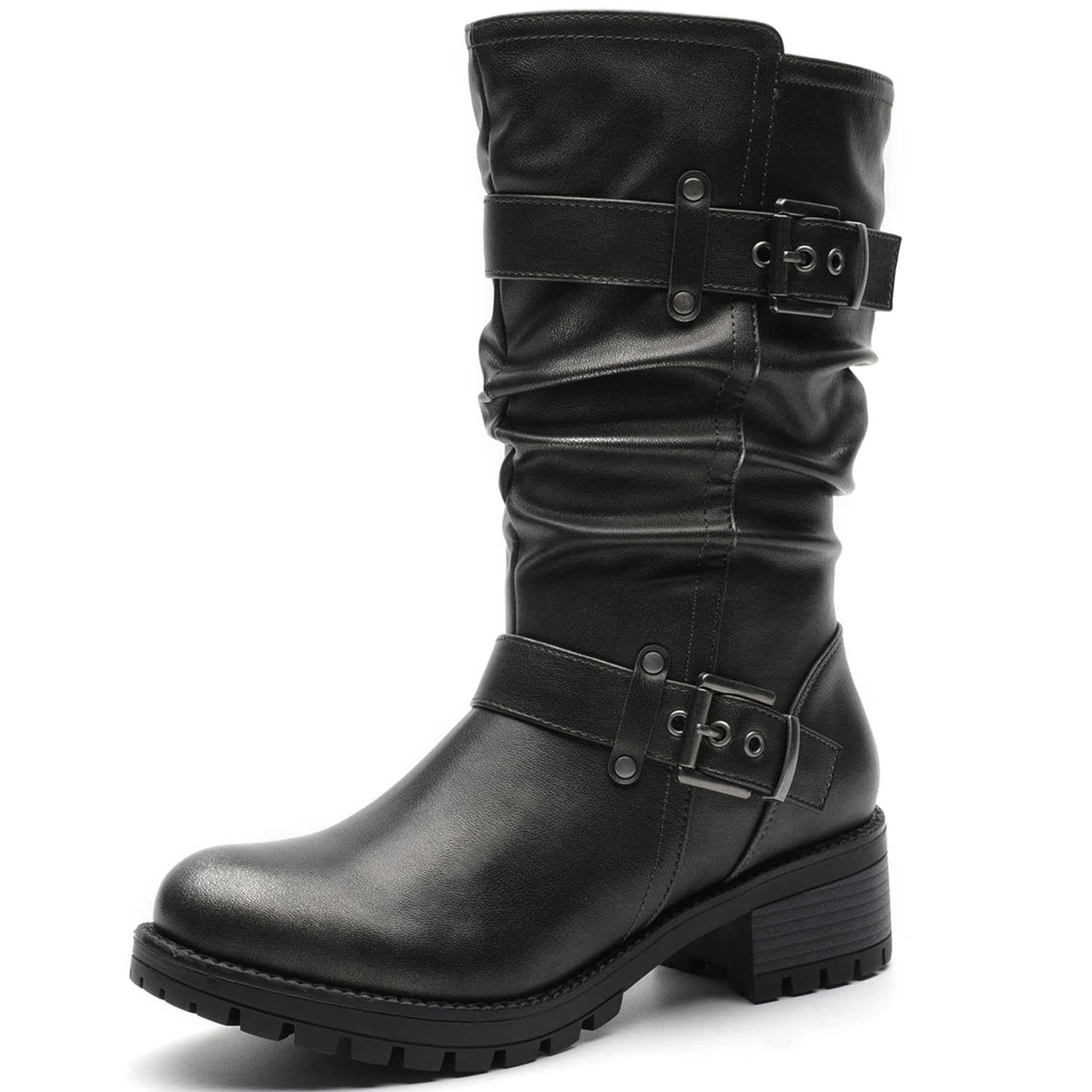GLOBALWIN Chunky Mid Calf Fashion Dressy Motocycle Biker Military Style Combat Boots for Women Low Heel