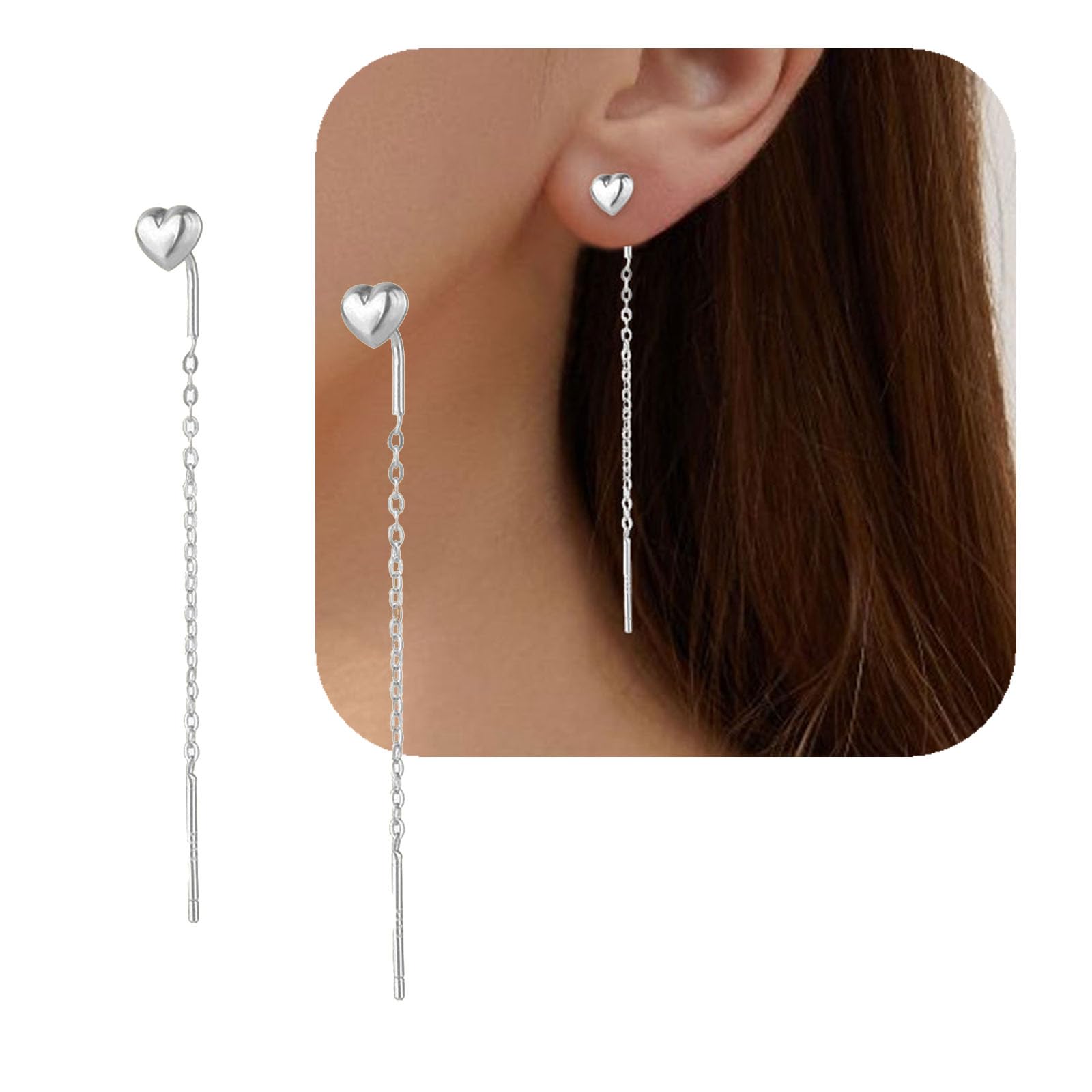 925 Sterling Silber Spirale Einfädler Ohrringe, WGXIA Herz Ohrhänger für Frauen Mädchen Lange Durchzieherohrringe Linear Drop Linie Ohrringe Quaste