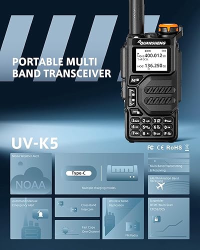 Vista 6 de QUANSHENG UVK5 AMFMDTMF walkie talkie 200 canales Tipo-C Carga Tres Frecuencias Recepción Walkie Talkie NOAA Pronóstico del tiempo, con Flash VOX