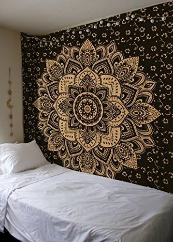 Madhu International Cotton Mandala Tapestry Psychedelic Floral Medallion Hippie Dorm Tapestries - Bohemian Wall Hanging For Living Room Home Décor, Beach Throw Queen (84x90 Inches, Turquoise Gold)