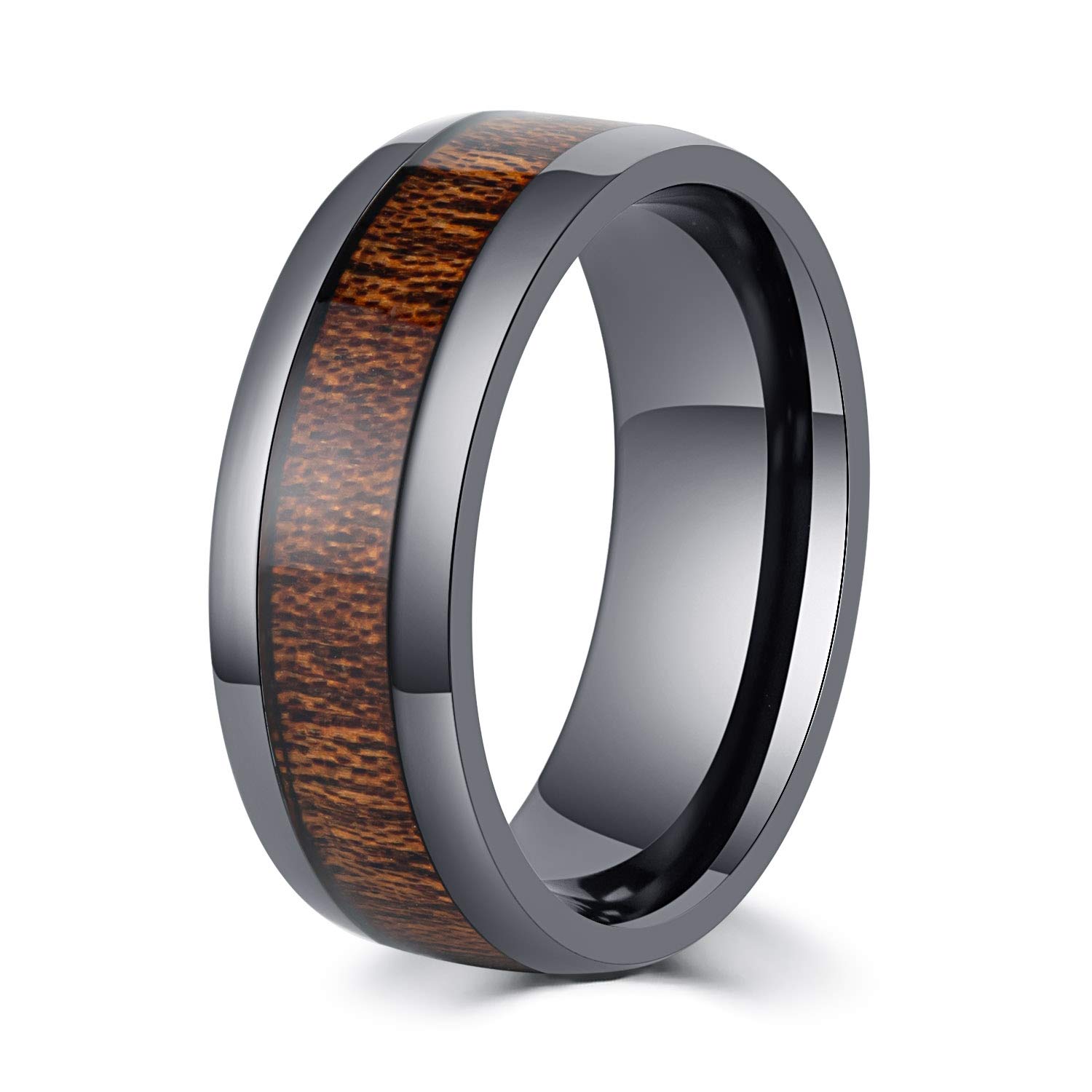 LerchPhi Mens 8mm Black Zirconium Ring Wedding Band with Koa Wood Inlay Promise Ring for Him Comfort Fit