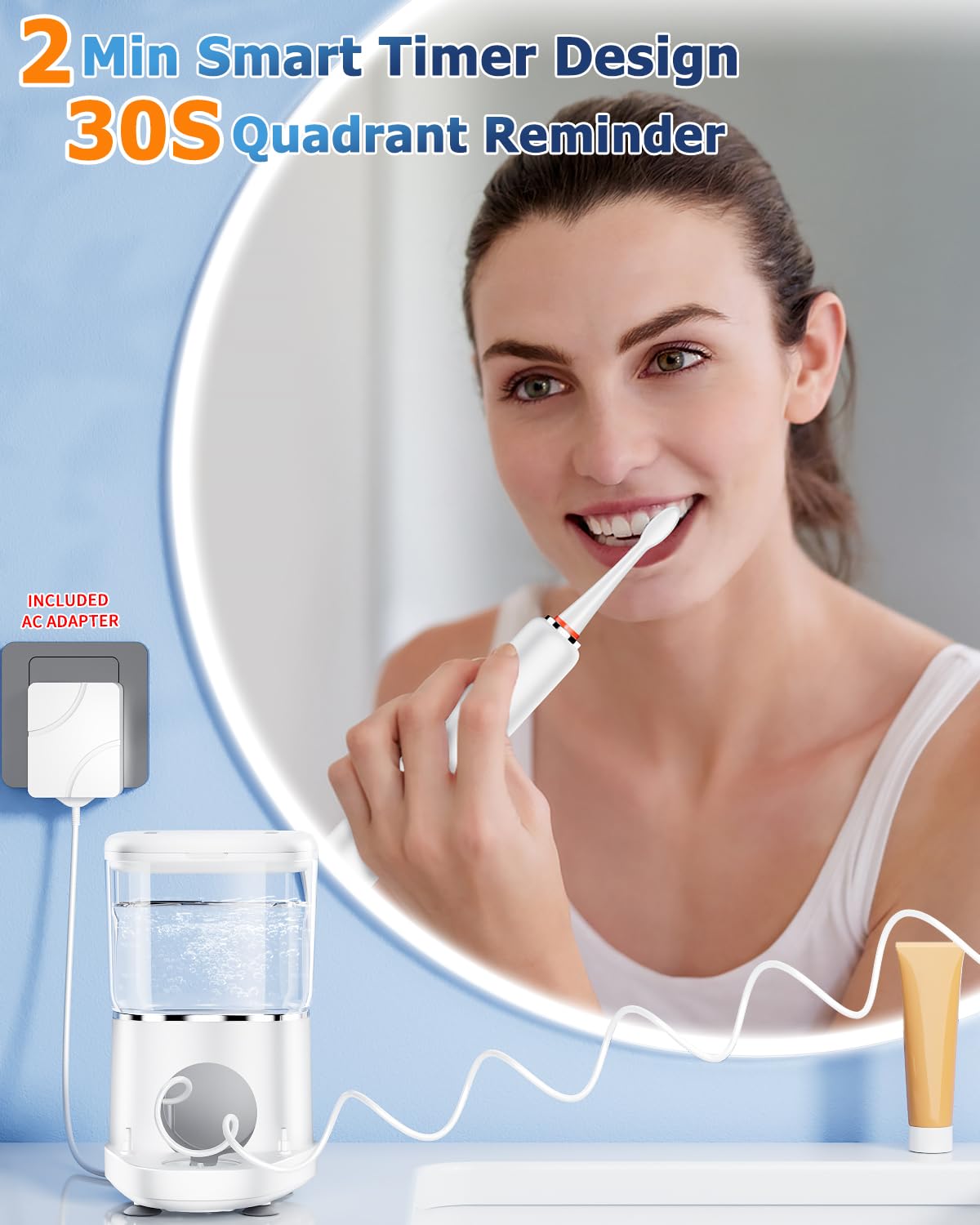 Spazzolino elettrico con idropulsore combinato, spazzolino sonico 3 in 1 e filo interdentale per la pulizia dei denti, cura delle gengive, bretelle, ponti, adulti, 3 testine e 1 punta a getto, bianco