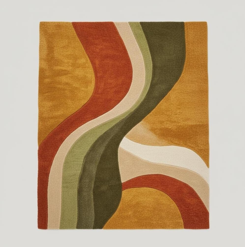Retro Wave Area Rug, Multicolor Abstract Curved Stripes, Mustard Yellow Rust Orange Olive Green Cream, Modern Bohemian Style (5 * 7 feet)