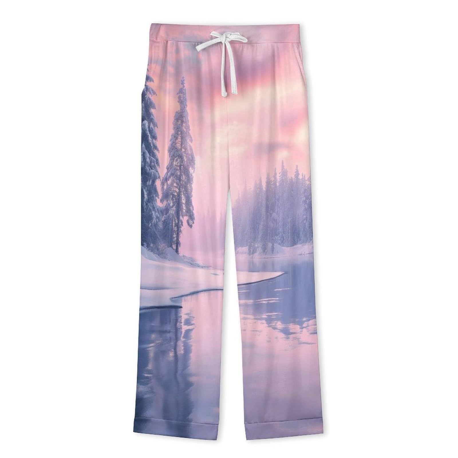 Pigiama da Uomo in Bellissimo Scenario Invernale, Due Pezzi Set Completo con Camicia a Maniche Lunghe Bottoni e Pantaloni con Tasche Abbigliamento Casa Rosa