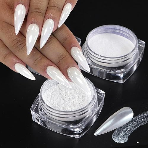 Polvo de uñas de cromo perla blanca – 2 cajas de polvo de perlas de hielo transparente Aurora Chrome polvo de uñas de cromo aurora, polvo