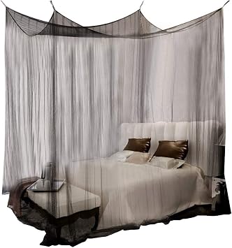 Bed Canopy Mosquito Net, 4 Corner Post Curtains, Elegant Black, Full to King Size, Polyester, Romantic Style