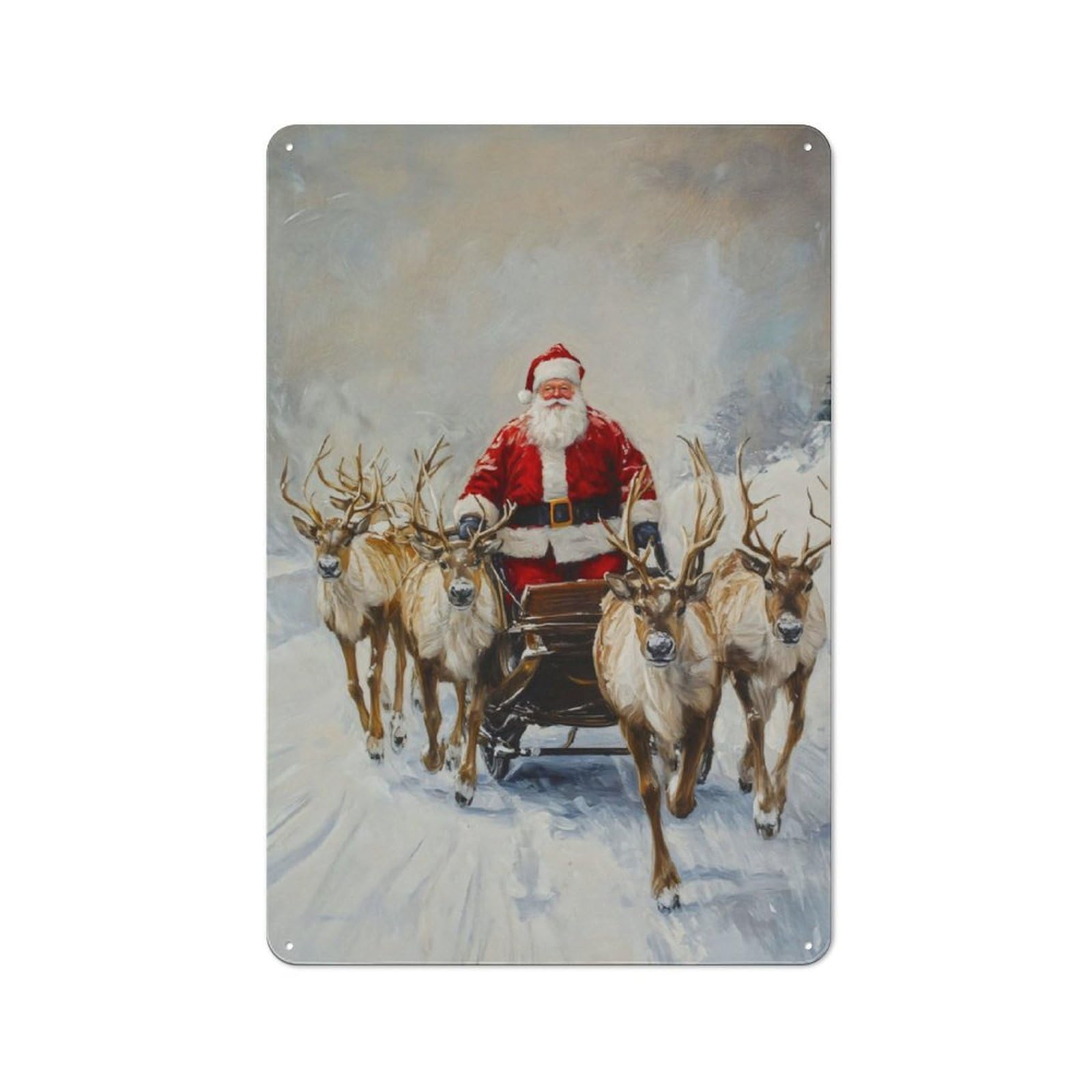 Junmoney Santa Claus Reindeer Sleigh Retro-Style Metal Plaque 30X20cm For Kitchen Or Home Bar, Gift For Home Bar Enthusiasts During The Christmas Season
