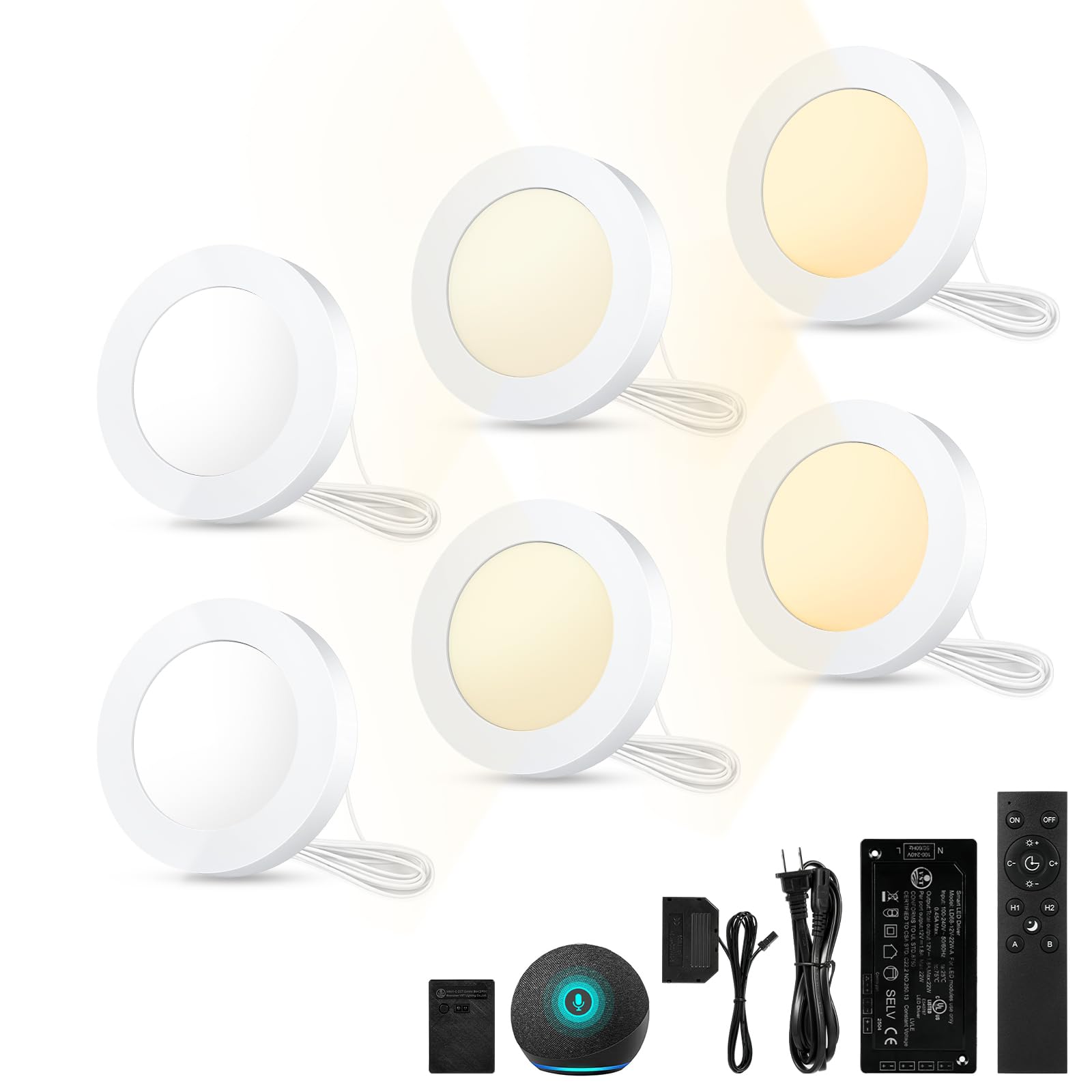 VST Smart Puck Lights, 6 Pack, 3000K-6000K DimmableUnder Cabinet&amp;Shelf Lighting, Compatible with Alexa&amp;Google Home, App&amp;Remote Control, 12V 2W, Recessed/Surface Mount, White for Kitchen Display Case