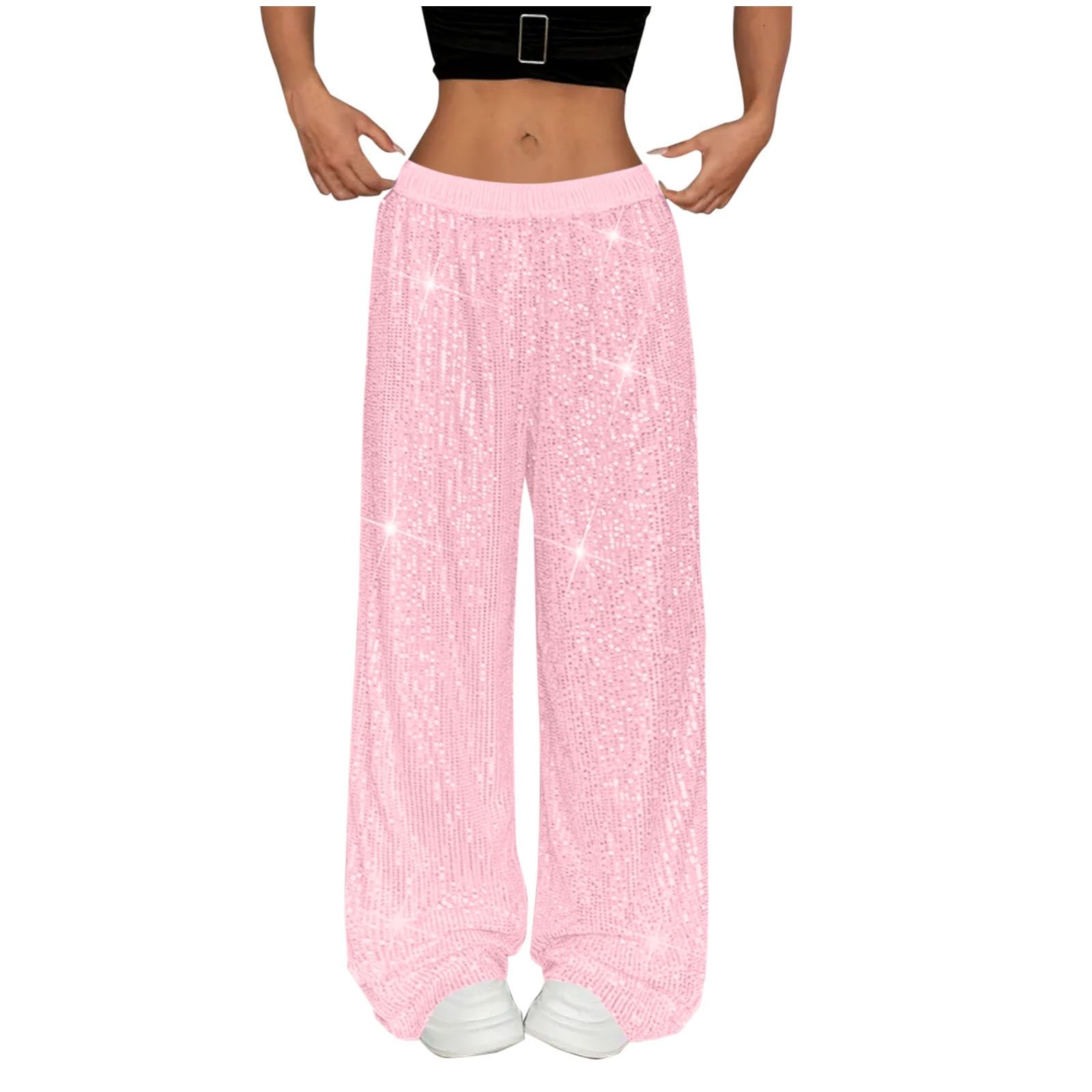 Cocila Womens Sparkly Sequin Pants Y2K Glitter High Waisted Wide Leg Long Pants Bling Party Clubwear 70s Disco Flare Trousers Party, Hip hop Casual Loose Dancewear Pink M
