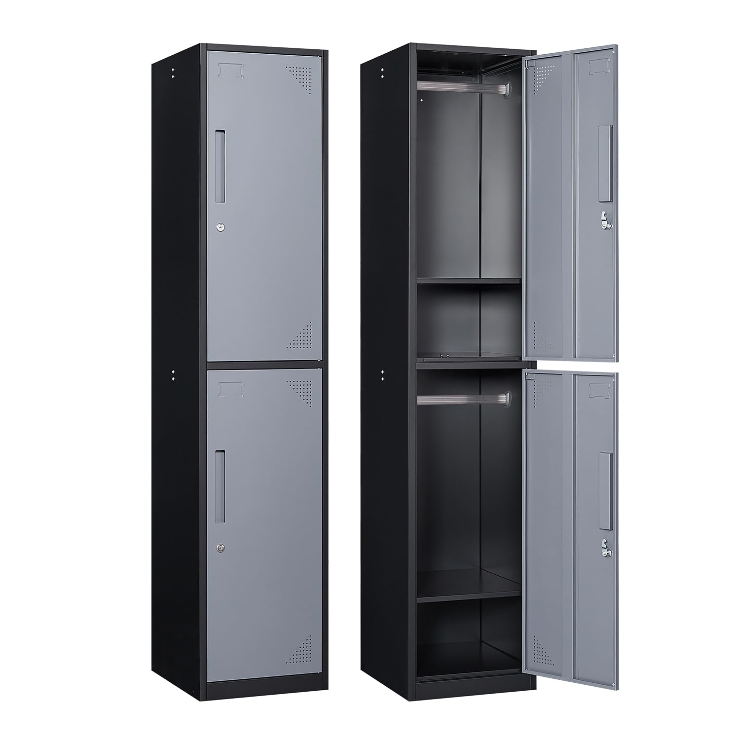 Metal Locker with 2 Doors, 71" Storage Lockers for Employees, Home, Office, Gym (Grey Black)