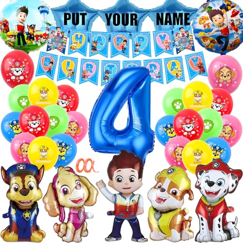 Patrulha decorativa de aniversário para 4 anos, para meninos e meninas, 4ª Patrulha, para 4 anos, balões de ar, decoração para 4 anos, balões de papel de alumínio, decoração para bolos (número 4)