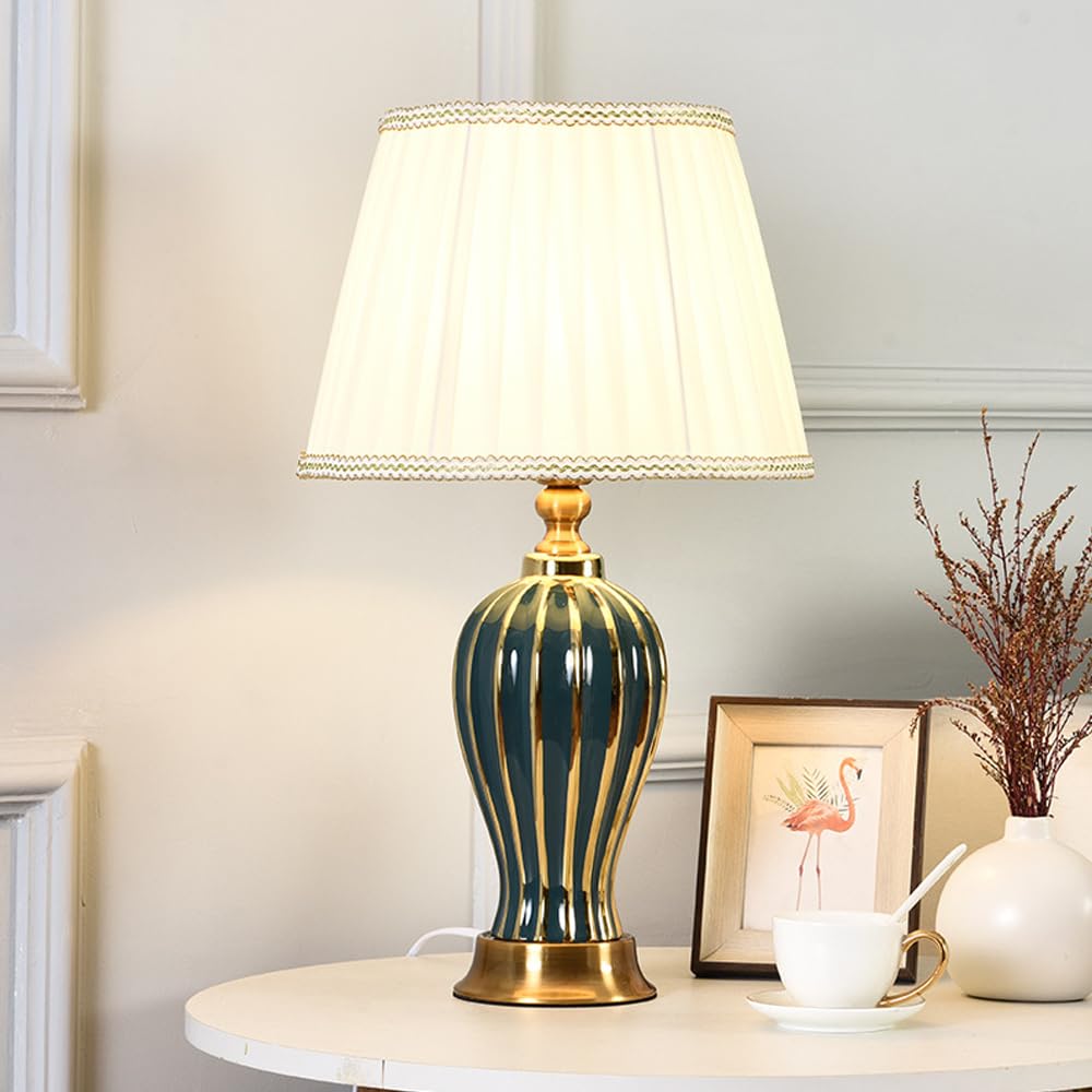 Klassische Tischlampe Lampenschirm mit Stoffschirm keramischer Lampenfuß - D30 x H52 - E27 Lampe - ohne Leuchtmittel (Grün)