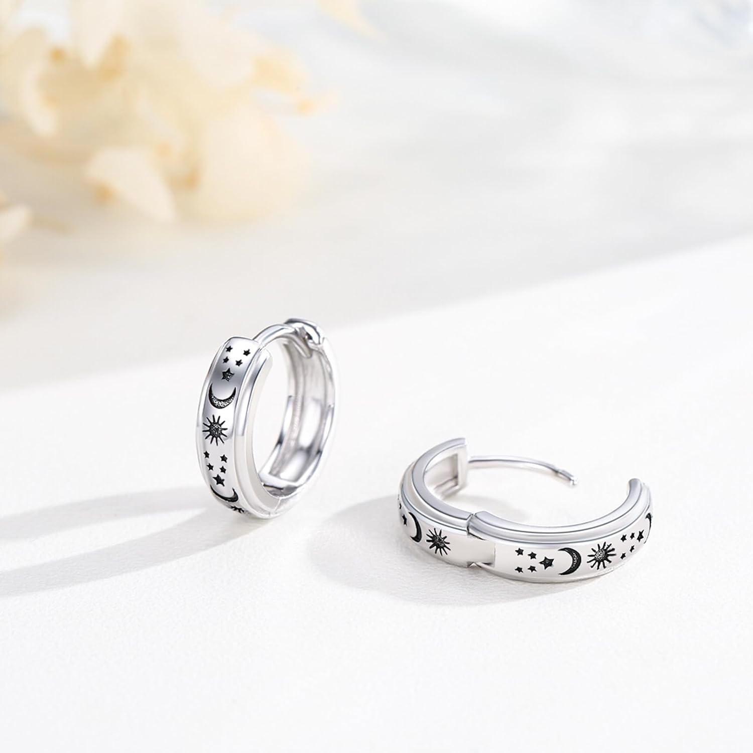 Moon Star Earrings 925 Sterling Silver White/Black/Yellow Gold Galaxy Huggie Hoop Earrings Celestial Jewelry Gifts for Women Men