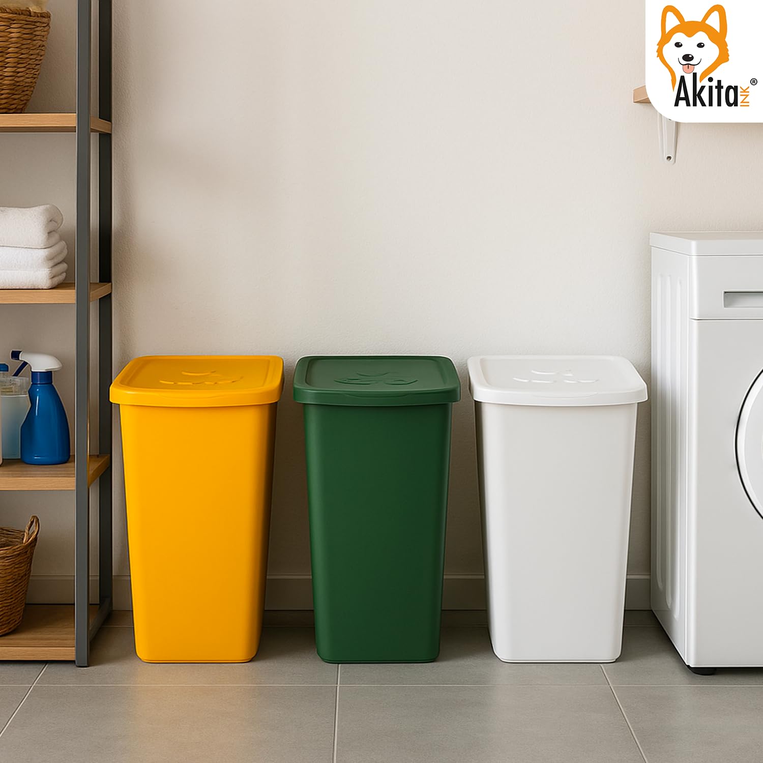 AKITAINK Set 3 contenitori Pattumiere da 50L - Totale 150 litri, per raccolta differenziata - Bidoni multicolore in plastica resistente, ideali per cucina, giardino e ambienti esterni - Made in Italy.