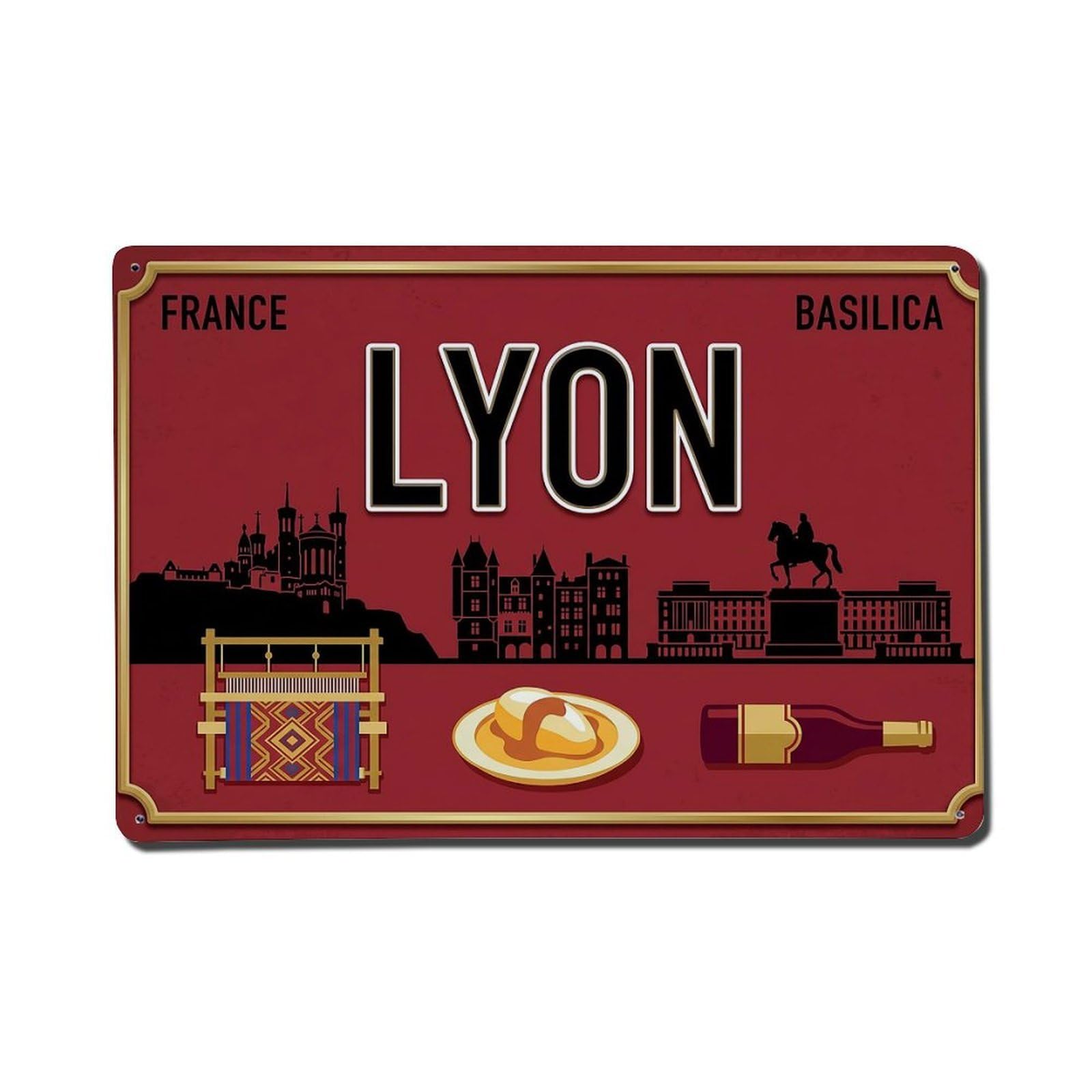 Cwbufd 8X12inch(20X30cm) Vintage Travel Lyon France Basilica Bouchon Metal Tin Sign Plaque Wall Decor For Cafe, Club Bar, Office, Garden Metal Poster 8X12inch