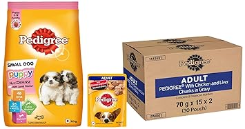 Pedigree Adult Wet Dog Food, Chicken & Liver Chunks in Gravy, 70 g (Pack of 30) & Pedigree Puppy Small Dog Dry Food, Lamb & Milk Flavour ? 1.2 Kg Pack