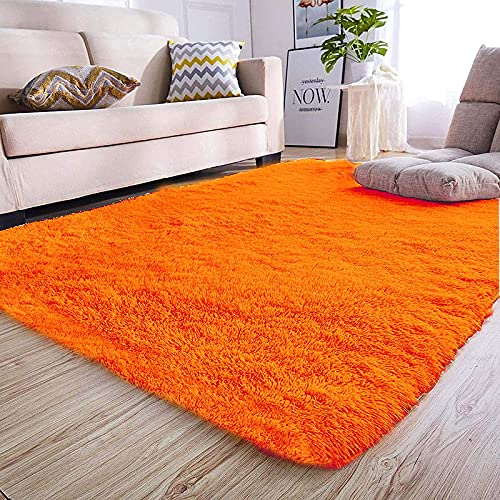 Image of A R Creations Anti Slip Fluffy Fur Plain Area Rug Made with Polyester and Microfiber for Home Office Kitchen Living Room Bedroom and DiningHall (6x9 Feet, Orange