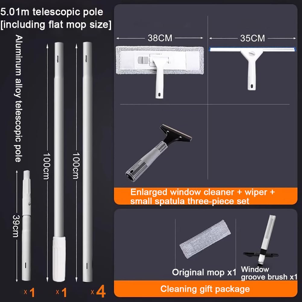 Limpiaparabrisas Alto para Interior Y Exterior con Poste Extensible De Aleación De Aluminio Y Raspador De 35 Cm, Paño De Limpieza Reemplazable,Pole Length 5.01m