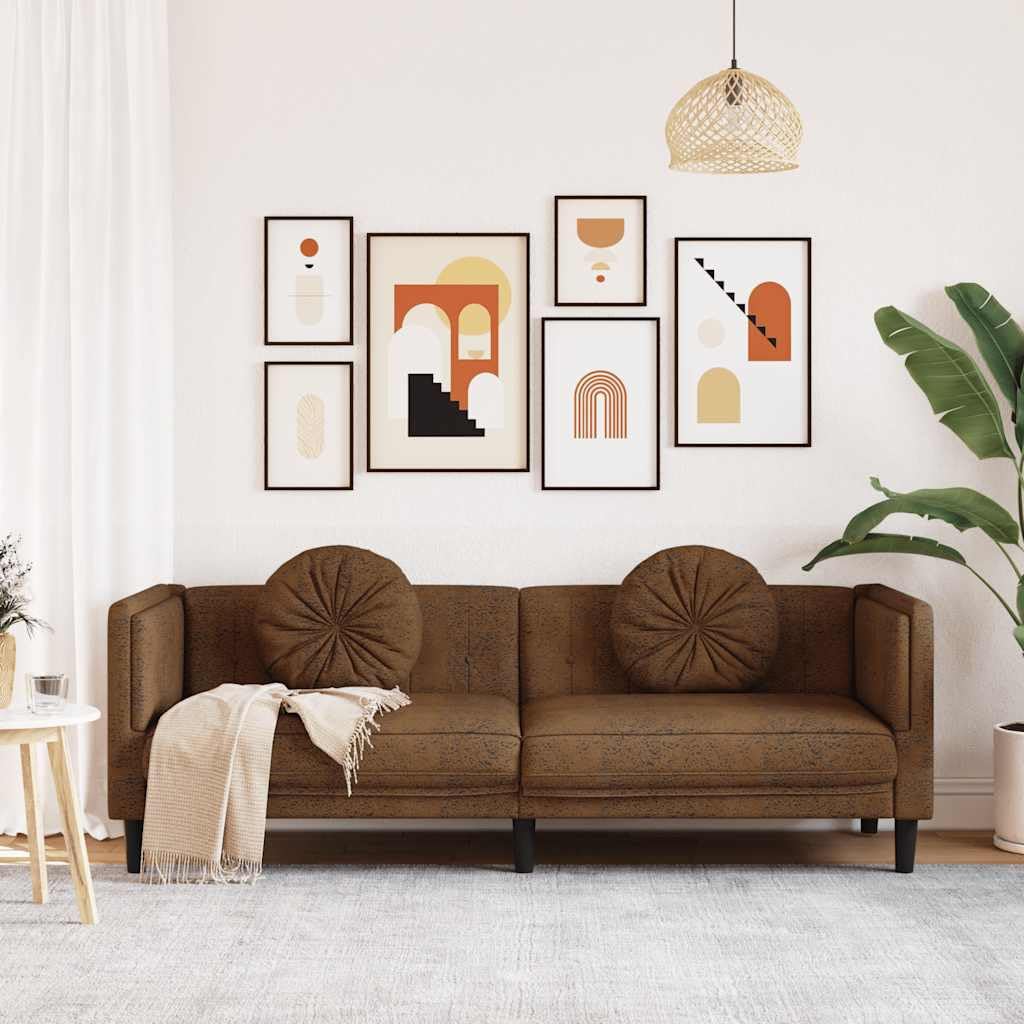 Canapé 3 places en cuir synthétique marron aspect daim de 193,5 cm de large avec 2 coussins ronds Canapé de salon confortable pour des heures de détente