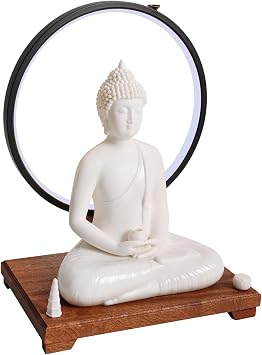 12 Inch Buddha Statue Sakyamuni with Circle Table Lamp Ceramic Meditation Indoor Decor for Home and Office with Wooden Base, Small BuddhaStatue White