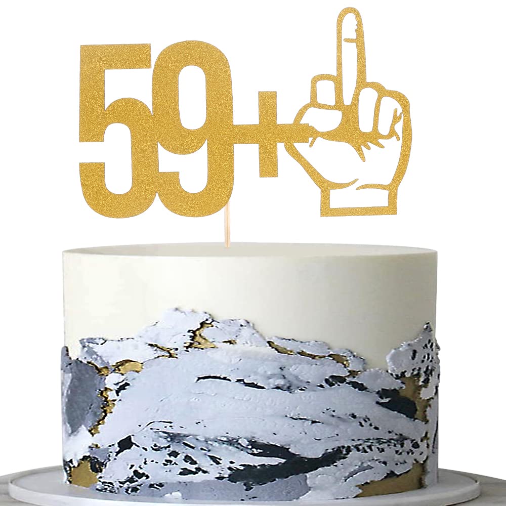 59＋1 Middle Finger Cake Topper - Sixty Years Old Birthday Party Decoration Supplies, Single-side Gold Glitter 60th Birthday Cake Topper, 60 Wedding Anniversary, Birthday Party Decorations…