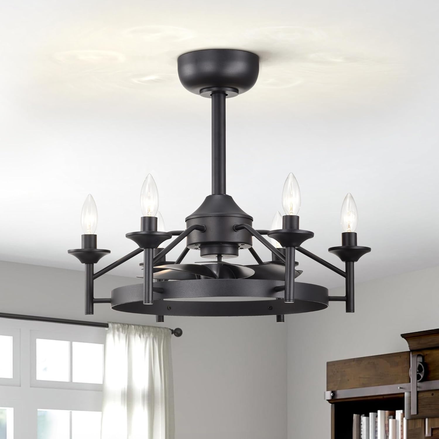 Maxax 21” Ceiling Fan with Lights and Remote, Modern Farmhouse Fan Light for Living Room,Caged Ceiling Fan with Light, Black Rustic Chandelier Candles, Reversible (Bulbs Not Included)