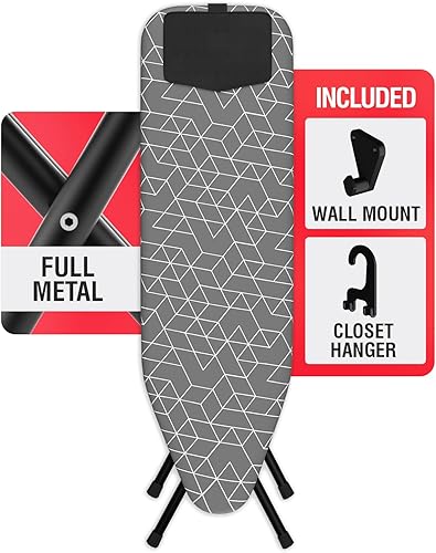 D-Crease+ Tabla de planchar de metal completo de 48 x 13 pulgadas con soporte de hierro de silicona, montaje en pared y colgador de armario,