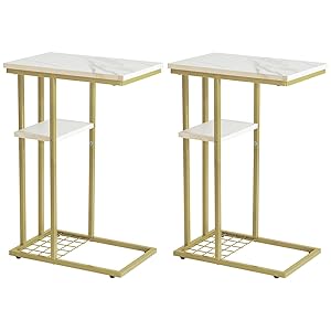 YMYNY Juego de 2 Piezas Mesa Auxiliar Forma C, Mesa De Sofá,Mesa De Centro Mesita para Ordenador Portátil, Apto para Salón O Dormitorio O Oficina,Mármol Blanco y Dorado HST004W-2